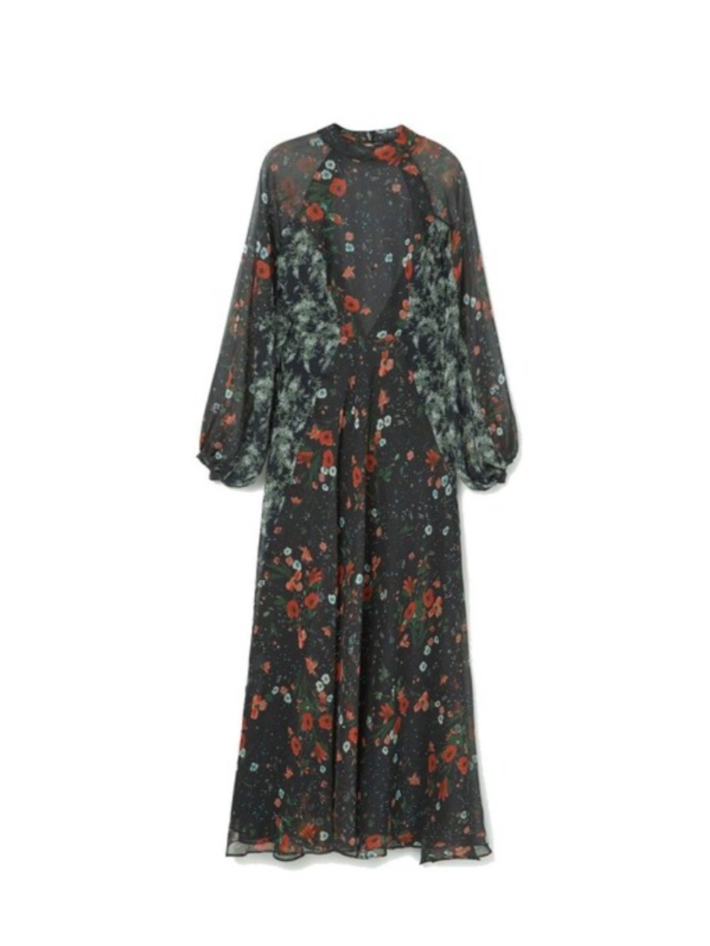 Mango Black Floral Maxi Dress | Sheer Long Sleeve | Romantic Ruffle Hem | XS